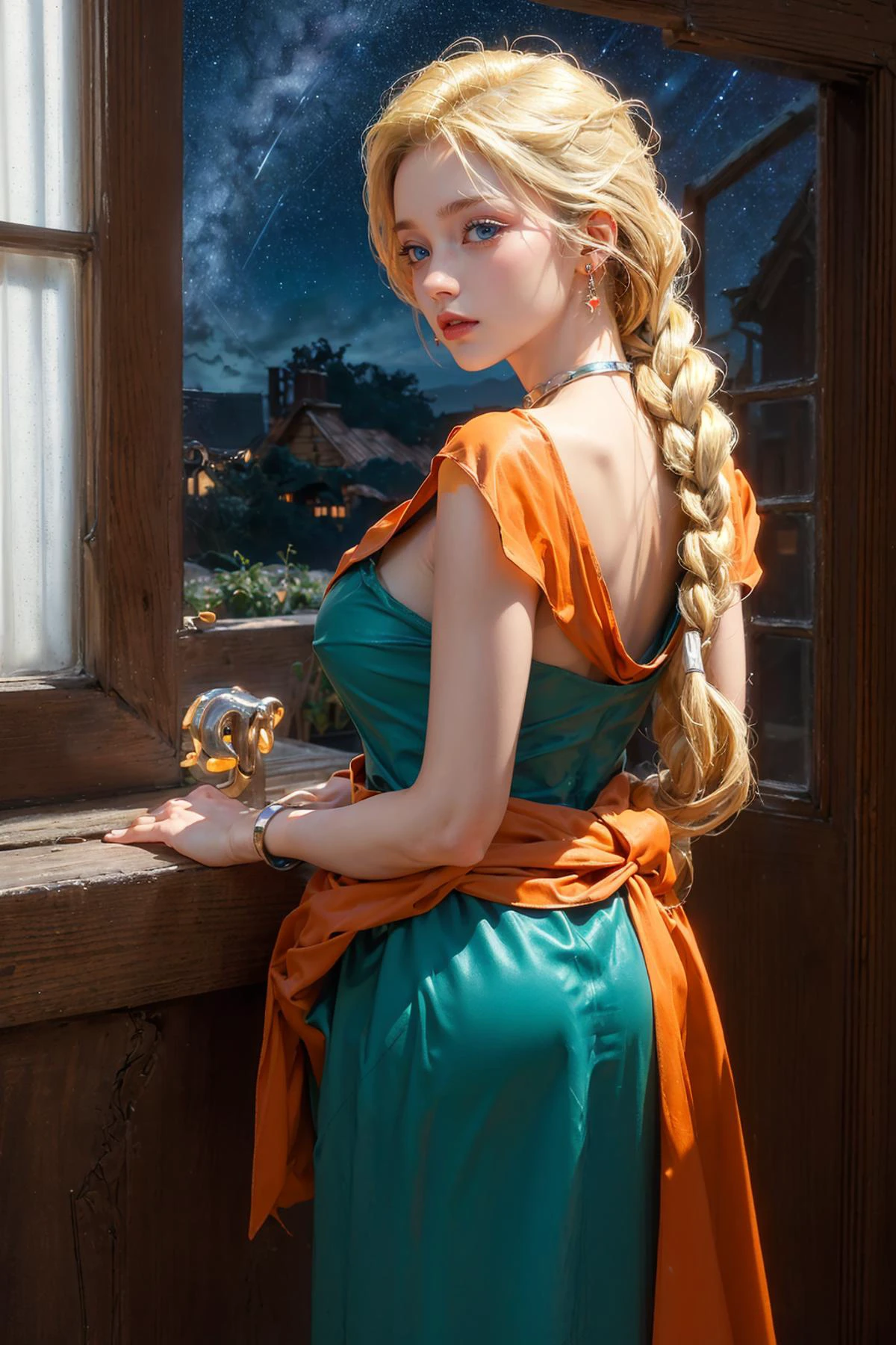 (8k, RAW photo, best quality, masterpiece), (realistic, photo realistic:1.25),
(ultra-detailed blonde hair),weary look,(standing,Forward bend,From behind, looking away:1.3)
<lora:DQ05_BIANCA:0.8>bianca, dq5, (long hair, blonde combed hair,tangle_free hair, single braid, hair over shoulder), blue eyes, huge breasts,green dress, cleavage, jewelry, earrings, choker,orange cape, bracelet,
,(at night,inside the house,Look up at the sky through an open window,Starry skyat night:1.2)