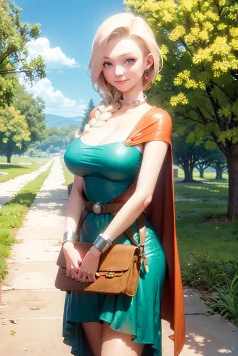 (masterpiece, best quality:1.2), 1girl, solo, bianca, dq5, long hair, blonde hair, single braid, hair over shoulder, blue eyes, smile, large breasts, dress, cleavage, jewelry, earrings, choker, cape, bracelet, nature, outdoors, blue skies<lora:BIANCADQ5-10:0.8>