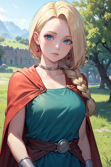 (8k, RAW photo, best quality, masterpiece:1.2),  <lora:BIANCADQ5:0.6>, bianca, dq5, long hair, blonde hair, single braid, hair over shoulder, blue eyes, jewelry, earrings, choker, cape, bracelet,