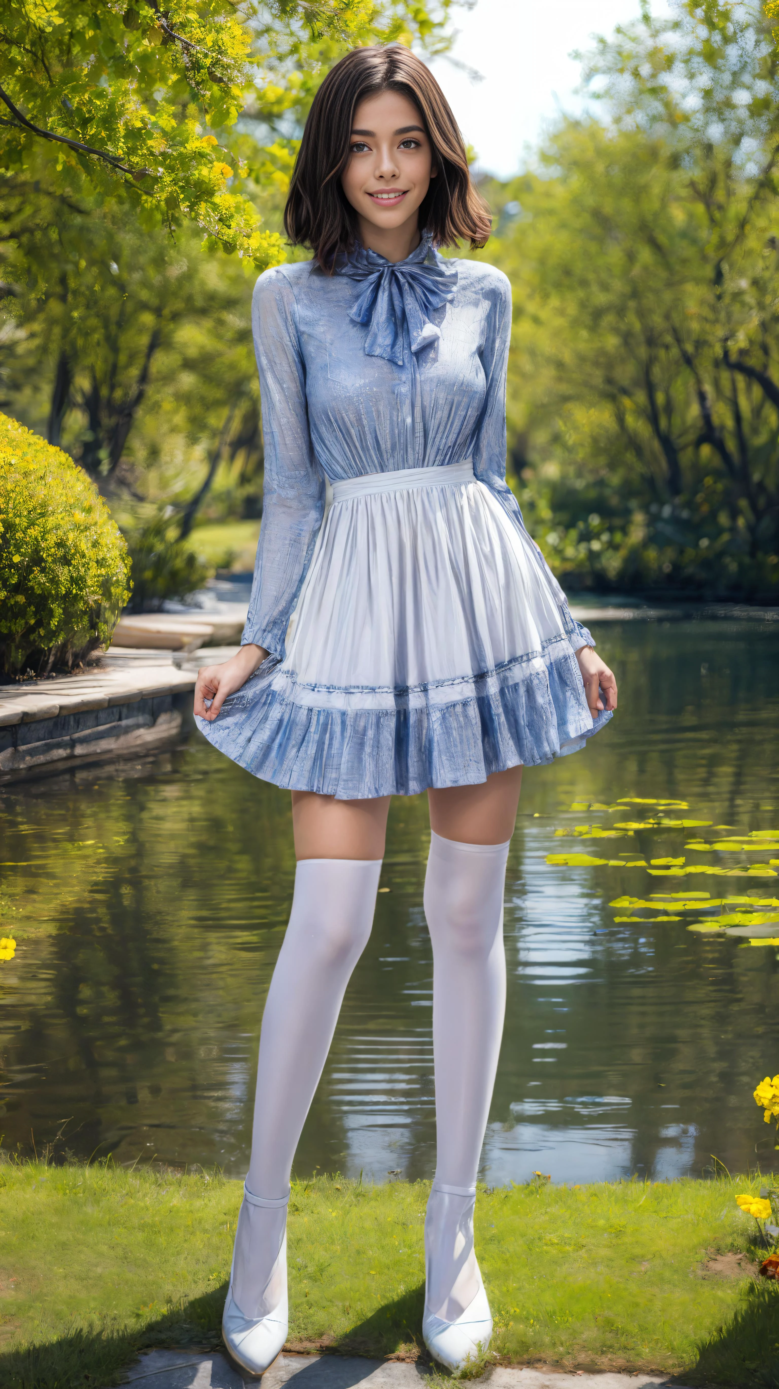masterpiece, best quality, highres, 8k, raw, absurdres,
(1 girl:1.5),(smile:1.1), (full body),looking at viewer, standing, (standing),solo,(1 girl in the photo:1.5),(alone:1.5),short hair, beautiful blue eyes, (european style dress:1.3), long sleeves,white legwear,brown shoes, outdoors, (lake:1.4),(flowers:1.4),lawn,trees,
<lora:xsarchitectural-6:0.4> <lora:add_detail:1>