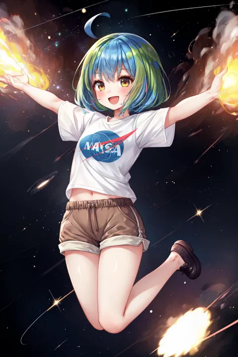 masterpiece,best quality,1girl,earth-chan,two-tone hair,blue hair,green hair,brown eyes,white shirt,short sleeves,brown shorts,smile,open mouth,jumping,spread arms,legs apart,outer space,milky way,<lora:gijinkaseries_earth:1>,<lora:Concept-control tool-add_detail-CyberAIchemist:0.8>,