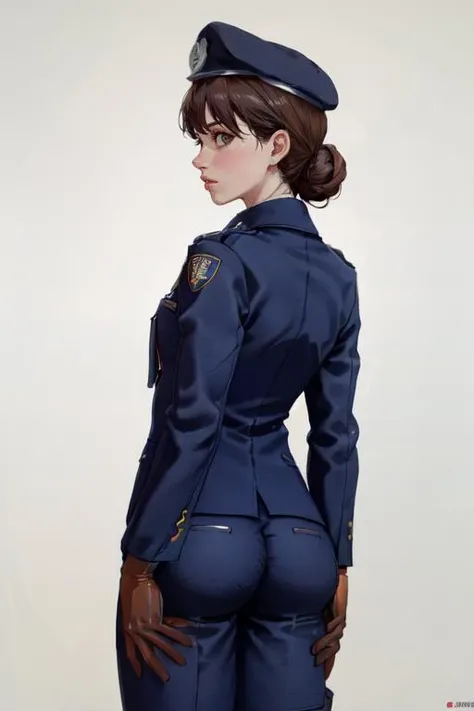 (masterpiece, best quality), (realistic, proportional, good proportions), (detailed face, detailed hair, detailed eyes, detailed skin),
<lora:epi_noiseoffset2:1> <lora:more_details:0.3> <lora:GoodHands-vanilla:1> <lora:ass_support_v0.1:1> ass support, ass, 1girl, solo, from behind, hands, looking back, looking at viewer, thighs, ass focus <lora:ZofiaDuchBojowy:0.8> 1girl, solo, short hair, hair bun, black hair, brown eyes:1.2, lips, necktie, blue jacket:1.2, blue necktie, white shirt, hat, beret, long sleeves, (gloves, black gloves:1.2), aiguillette, badge, military uniform, police uniform, blue jacket,