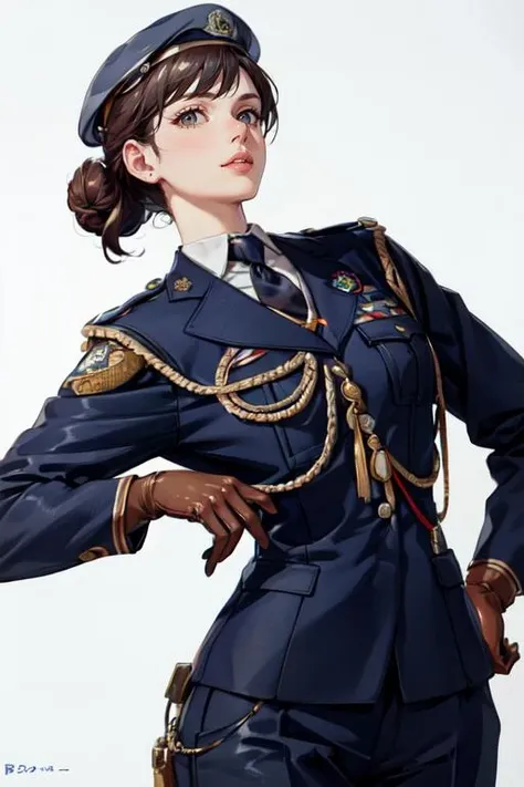(masterpiece, best quality), (realistic, proportional, good proportions), (detailed face, detailed hair, detailed eyes, detailed skin),
<lora:epi_noiseoffset2:1> <lora:more_details:0.3> <lora:GoodHands-vanilla:1>
simple background, soft lighting, looking at viewer, upper body,
<lora:ZofiaDuchBojowy-000001:0.8> 1girl, solo, short hair, hair bun, black hair, brown eyes:1.2, lips, necktie, blue jacket:1.2, blue necktie, white shirt, hat, beret, long sleeves, gloves, black gloves, aiguillette, badge, military uniform, police uniform, blue jacket, blue pants,