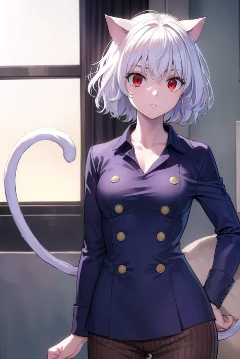 neferpitou, <lyco:neferpitou-lyco-nochekaiser:1>,
neferpitou, short hair, (red eyes:1.5), animal ears, hair between eyes, tail, white hair, cat ears, cat tail, cat girl, curly hair,
BREAK long sleeves, shorts, striped, buttons, brown shorts, shirt, collared shirt, blue shirt,
BREAK looking at viewer,
BREAK indoors, classroom, (cowboy shot:1.5),
BREAK <lyco:GoodHands-beta2:1>, (masterpiece:1.2), best quality, high resolution, unity 8k wallpaper, (illustration:0.8), (beautiful detailed eyes:1.6), extremely detailed face, perfect lighting, extremely detailed CG, (perfect hands, perfect anatomy),