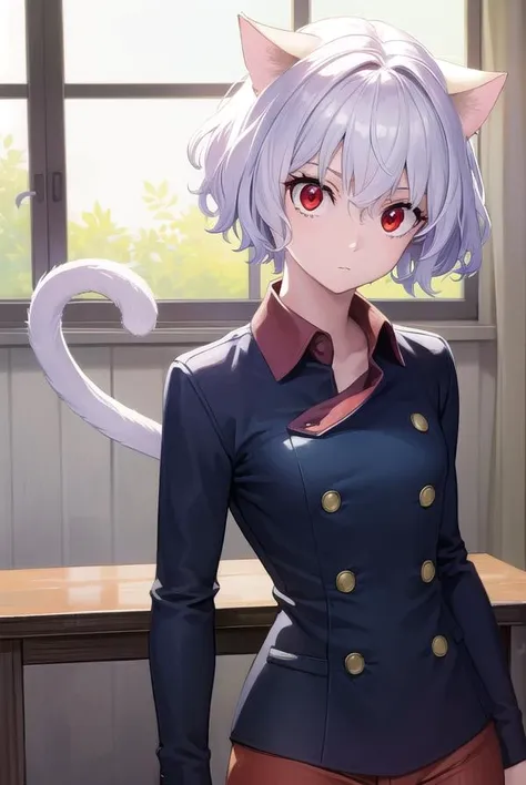 neferpitou, <lyco:neferpitou-lyco-nochekaiser:1>,
neferpitou, short hair, (red eyes:1.5), animal ears, hair between eyes, tail, white hair, cat ears, cat tail, cat girl, curly hair,
BREAK long sleeves, shorts, striped, buttons, brown shorts, shirt, collared shirt, blue shirt,
BREAK looking at viewer,
BREAK indoors, classroom, (cowboy shot:1.5),
BREAK <lyco:GoodHands-beta2:1>, (masterpiece:1.2), best quality, high resolution, unity 8k wallpaper, (illustration:0.8), (beautiful detailed eyes:1.6), extremely detailed face, perfect lighting, extremely detailed CG, (perfect hands, perfect anatomy),