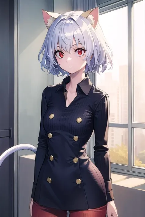 neferpitou, <lyco:neferpitou-lyco-nochekaiser:1>,
neferpitou, short hair, (red eyes:1.5), animal ears, hair between eyes, tail, white hair, cat ears, cat tail, cat girl, curly hair,
BREAK long sleeves, shorts, striped, buttons, brown shorts, shirt, collared shirt, blue shirt,
BREAK looking at viewer,
BREAK indoors, classroom, (cowboy shot:1.5),
BREAK <lyco:GoodHands-beta2:1>, (masterpiece:1.2), best quality, high resolution, unity 8k wallpaper, (illustration:0.8), (beautiful detailed eyes:1.6), extremely detailed face, perfect lighting, extremely detailed CG, (perfect hands, perfect anatomy),