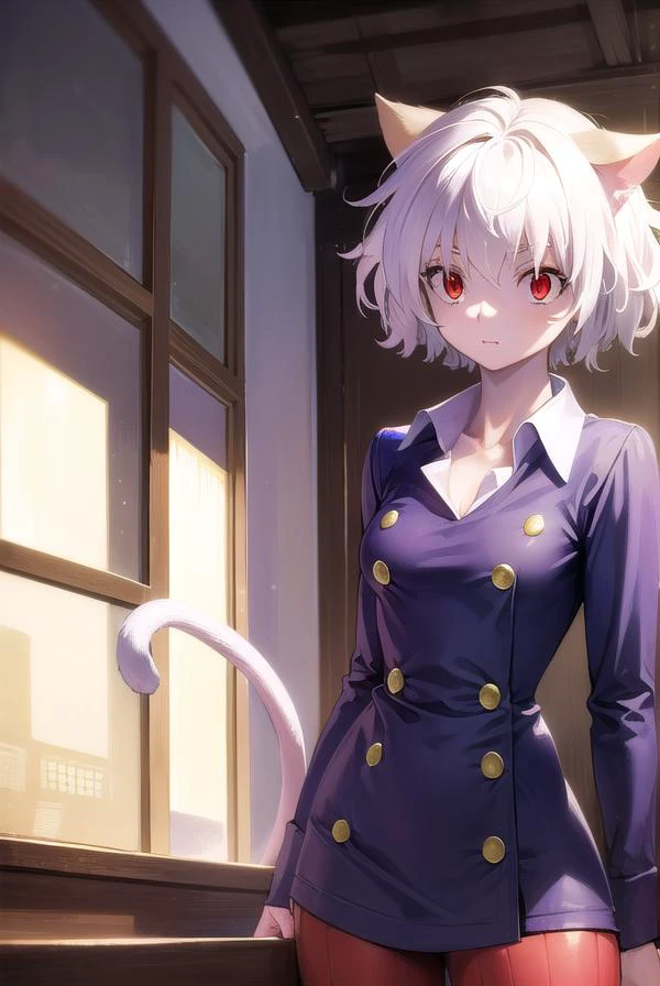 neferpitou, <lyco:neferpitou-lyco-nochekaiser:1>,
neferpitou, short hair, (red eyes:1.5), animal ears, hair between eyes, tail, white hair, cat ears, cat tail, cat girl, curly hair, <lora:catmouth_v100:1>, :3,
BREAK long sleeves, shorts, striped, buttons, brown shorts, shirt, collared shirt, blue shirt,
BREAK looking at viewer,
BREAK indoors, classroom, (cowboy shot:1.5),
BREAK <lyco:GoodHands-beta2:1>, (masterpiece:1.2), best quality, high resolution, unity 8k wallpaper, (illustration:0.8), (beautiful detailed eyes:1.6), extremely detailed face, perfect lighting, extremely detailed CG, (perfect hands, perfect anatomy),