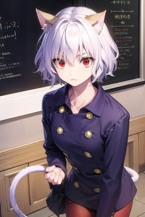 neferpitou, <lyco:neferpitou-lyco-nochekaiser:1>,
neferpitou, short hair, (red eyes:1.5), animal ears, hair between eyes, tail, white hair, cat ears, cat tail, cat girl, curly hair, <lora:catmouth_v100:1>, :3,
BREAK long sleeves, shorts, striped, buttons, brown shorts, shirt, collared shirt, blue shirt,
BREAK looking at viewer,
BREAK indoors, classroom, (cowboy shot:1.5),
BREAK <lyco:GoodHands-beta2:1>, (masterpiece:1.2), best quality, high resolution, unity 8k wallpaper, (illustration:0.8), (beautiful detailed eyes:1.6), extremely detailed face, perfect lighting, extremely detailed CG, (perfect hands, perfect anatomy),