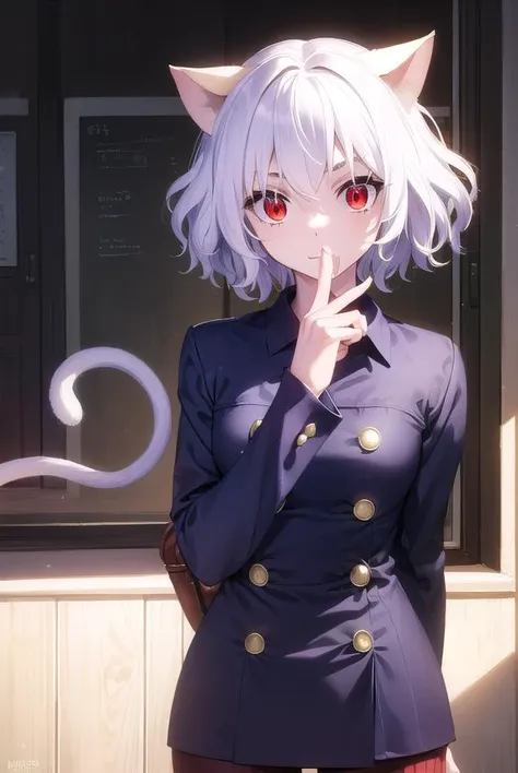 neferpitou, <lyco:neferpitou-lyco-nochekaiser:1>,
neferpitou, short hair, (red eyes:1.5), animal ears, hair between eyes, tail, white hair, cat ears, cat tail, cat girl, curly hair, <lora:catmouth_v100:1>, :3,
BREAK long sleeves, shorts, striped, buttons, brown shorts, shirt, collared shirt, blue shirt,
BREAK looking at viewer,
BREAK indoors, classroom, (cowboy shot:1.5),
BREAK <lyco:GoodHands-beta2:1>, (masterpiece:1.2), best quality, high resolution, unity 8k wallpaper, (illustration:0.8), (beautiful detailed eyes:1.6), extremely detailed face, perfect lighting, extremely detailed CG, (perfect hands, perfect anatomy),