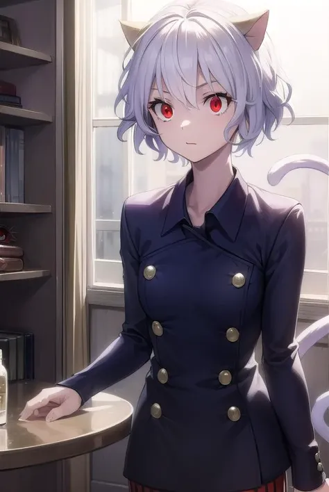 neferpitou, <lyco:neferpitou-lyco-nochekaiser:1>,
neferpitou, short hair, (red eyes:1.5), animal ears, hair between eyes, tail, white hair, cat ears, cat tail, cat girl, curly hair, <lora:catmouth_v100:1>, :3,
BREAK long sleeves, shorts, striped, buttons, brown shorts, shirt, collared shirt, blue shirt,
BREAK looking at viewer,
BREAK indoors, classroom, (cowboy shot:1.5),
BREAK <lyco:GoodHands-beta2:1>, (masterpiece:1.2), best quality, high resolution, unity 8k wallpaper, (illustration:0.8), (beautiful detailed eyes:1.6), extremely detailed face, perfect lighting, extremely detailed CG, (perfect hands, perfect anatomy),