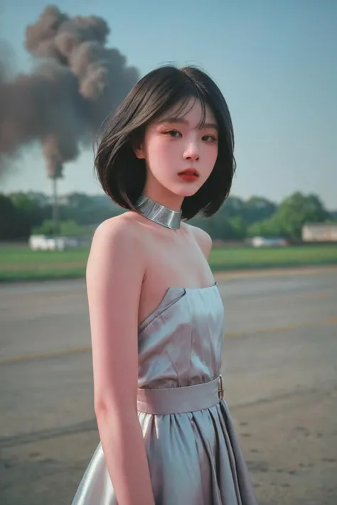 a fashion lookbook portrait of a female fashion model wearing haute couture, experimental, shot on kodak professional medium format film, liminal industrial background in, (smoke|fireworks:1.05), (dawn|dusk:1.05), (spring|summer:1.05), 1girl, (upper body:1.4), (nsfw:1.2), vibrant, DodgerBlue, <lora:add_detail(realistic):0.3>, <lora:jangjo:0.8>