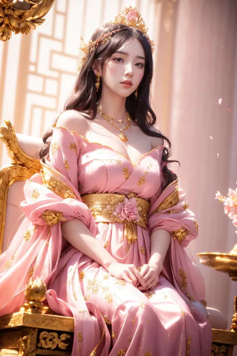 <lora:GdClth:0.7>, GdClth, best quality, masterpiece, illustration, (realistic, photo-realistic:1.37), amazing, finely detail, incredibly absurdres, huge filesize, ultra-detailed, highres, extremely detailed CG unity 8k wallpaper, extremely detailed eyes and face, ray tracing, nsfw, nude, 1girl, A beautiful young Korean princess sits arrogantly on an ornate pink and gold throne inlaid with Korean lattice patterns, looking down with a haughty, imperious gaze. She wears a gorgeous, semi-transparent pink Hanbok ballgown decorated with golden cranes and pink peony embroidery that shows off her figure. A delicate gold crown embellished with pink gems and intricate flower motifs sits atop her flowing black hair decorated with pink flower pins. Around her elegant neck is a stunning necklace with a large pink morganite gem pendant. Golden bracelets engraved with Korean floral designs adorn her wrists. Beautiful Korean paper screens and pink blossom trees surround the throne. Shot from a low angle view looking up in a cinematic drama style. Digital illustration trending on artstation.