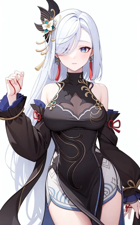 <lora:ç³é¹¤æ°ç®è¤-000010:1:lbw=char>,shenhe,shenhe \(genshin impact\),hair ornament,bangs,blue eyes,bare shoulders,large breasts,hair over one eye,detached sleeves,dress,black dress,tassel,white hair,chinese clothes,jewelry,earrings,flower,, 1girl,
,  (masterpiece,best quality:1.2),absurdres