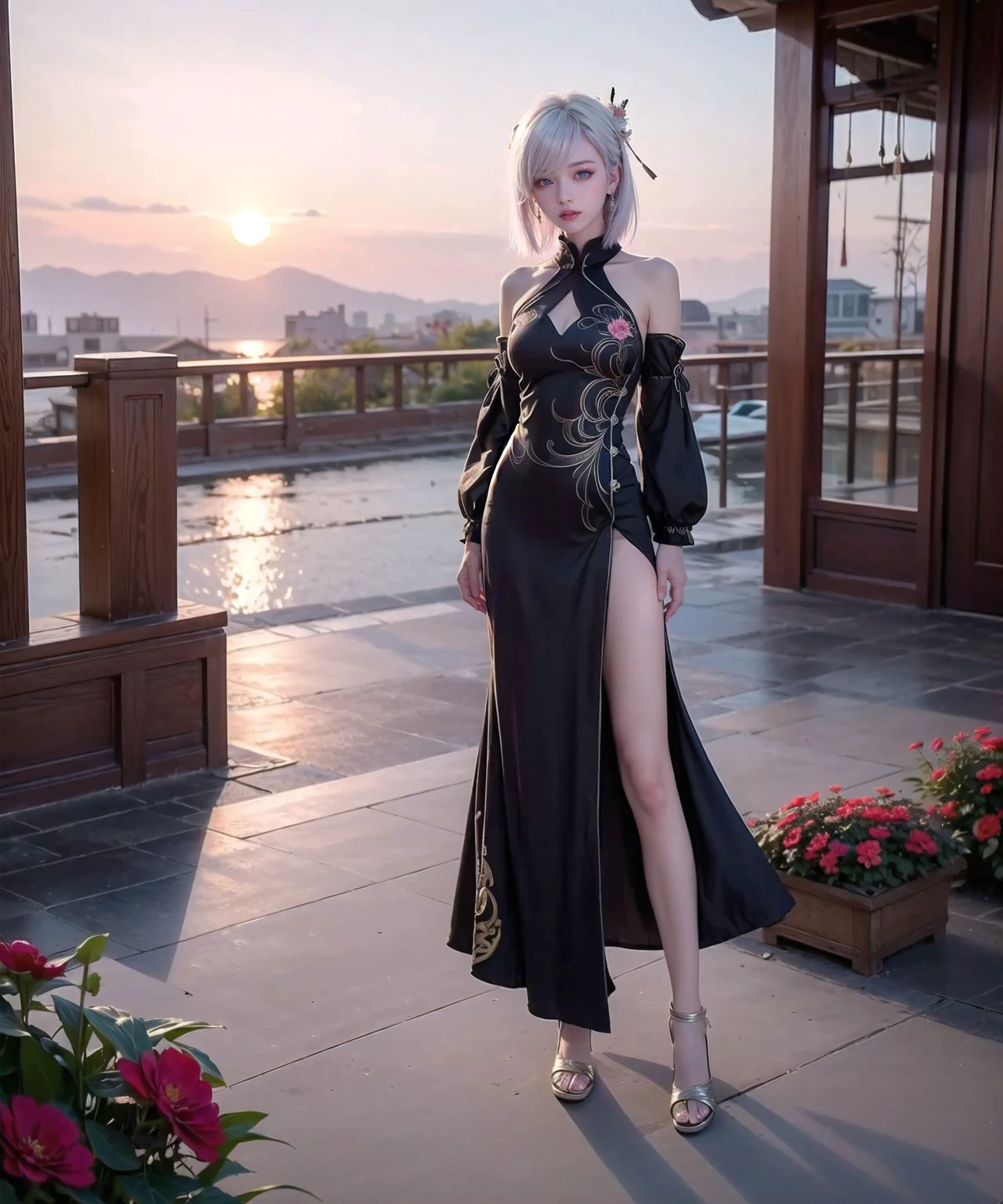 (masterpiece,best quality:1.2), full body,
shenhe, shenhe \(genshin impact\), hair ornament, bangs, blue eyes, bare shoulders, large breasts, hair over one eye, detached sleeves, dress, black dress, tassel, white hair, flower, chinese clothes, jewelry, earrings,
<lora:u3dev-000010:0.7>, <lora:softmecha-V5:0.3>, dusk, sunset,