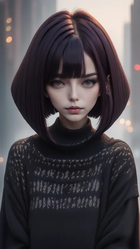 Horror-themed  30 year old woman, intricate style sweater, sliced bob, black hair, wonderful details, foggy city background <lora:xl_sliced_bob-1.0:1> <lora:ClearHand-V2:2> . Eerie, unsettling, dark, spooky, suspenseful, grim, highly detailed