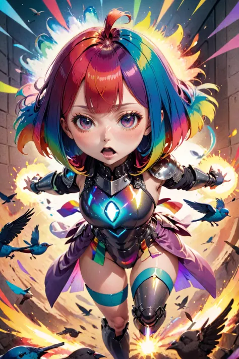 a woman, her body explodes with energy, her breaks and energy burst out, covered in light, she wears an armor rainbow colors, chibi, sliced bob, short hair, (birds-eye camera shot:1.1),<lora:xl_sliced_bob-1.0:0.8>