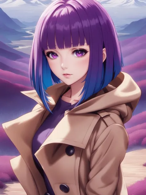 anime artwork beautiful woman with purple hair (sliced_bob) <lora:xl_sliced_bob-1.0:0.8>,
(lunar landscape),
extreme close-up,
confident stance,
envious,
trench coat with a hood . anime style, key visual, vibrant, studio anime, highly detailed