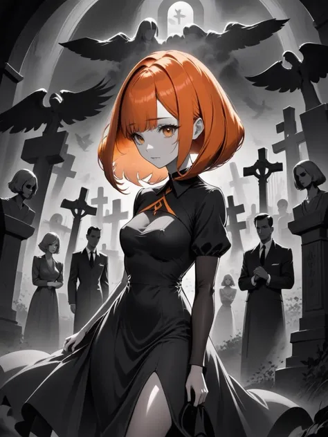 Film noir style beautiful woman with orange hair (sliced_bob) <lora:xl_sliced_bob-1.0:0.8>,
(foggy graveyard),
oblique angle,
pouncing,
confused,
midi dress . Monochrome, high contrast, dramatic shadows, 1940s style, mysterious, cinematic