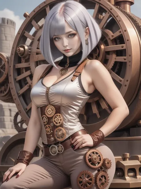 Steampunk style beautiful woman with silver hair (sliced_bob) <lora:xl_sliced_bob-1.0:0.8>,
(stonehenge),
zoom shot,
doing a silly pose,
hot,
fleece vest . Antique, mechanical, brass and copper tones, gears, intricate, detailed