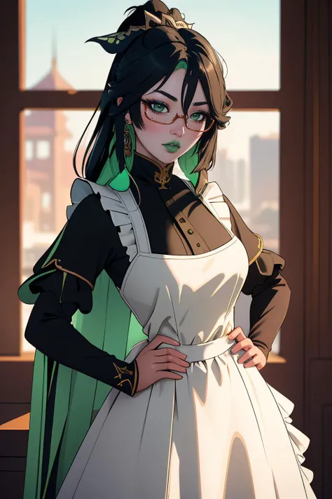 ultra detailed, sharp focus, best quality, masterpiece, colorful, high contrast, dynamic lighting, intricate details, 1girl,  <lora:wrenchgixianyun:0.9> gixianyun, makeup, green lips, under-rim eyewear, white frilly apron, turtleneck, long skirt, hands on hips
