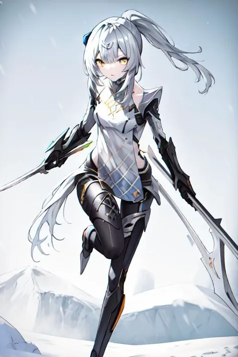 <lora:gwedaArtstyle_v10:1> gweda, thin thigh, slender,  from head below legs, 1girl, solo <lora:grig-pynoise:1>origin,ponytail,mechanical arms, inity, outdoor, landscape, snow, running, expressionless, sword, looking at truck, trucks,