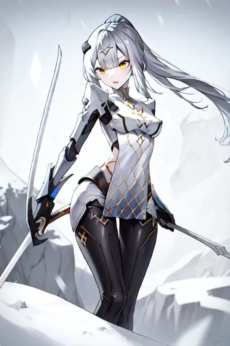 <lora:gwedaArtstyle_v10:1> gweda, thin thigh, slender,  from head below legs, 1girl, solo <lora:grig-pynoise:1>origin,ponytail,mechanical arms, in snow mountain, outdoor, landscape, snow, running, expressionless, sword, looking at cliff, cliff