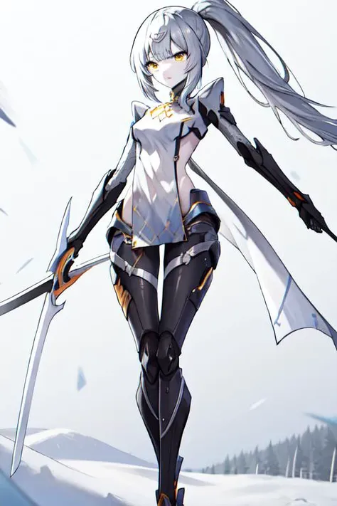 ((Kizi, mecha)), glare eyes, 精致的面容, damaged armor, mechanical aura, mechanical arm, White hair, long hair, ceramic body, Thigh clearance, breasts big, Network Background, Very cool city, (translucent, Reflective skin), 8K, best qualityer, super verbose, (Surrealism: 1.4),