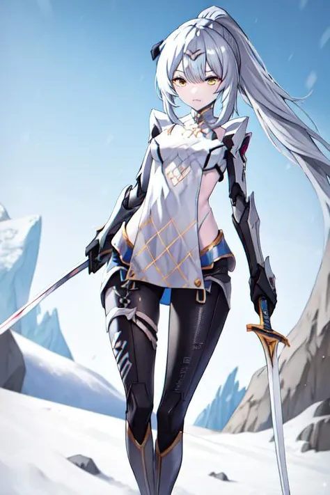 <lora:gwedaArtstyle_v10:1> gweda, thin thigh, slender, from head below legs, 1girl, solo <lora:grig-pynoise:1>origin,ponytail,mechanical arms, in snow mountain, outdoor, landscape, snow, running, expressionless, sword, looking at cliff, cliff