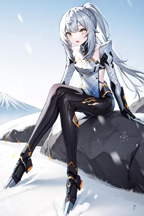 <lora:gwedaArtstyle_v10:1> gweda, thin thigh, slender, from head below legs, 1girl, solo <lora:grig-pynoise:1>origin,ponytail,mechanical arms, in snow mountain, outdoor, landscape, snow, running, sitting on rocks