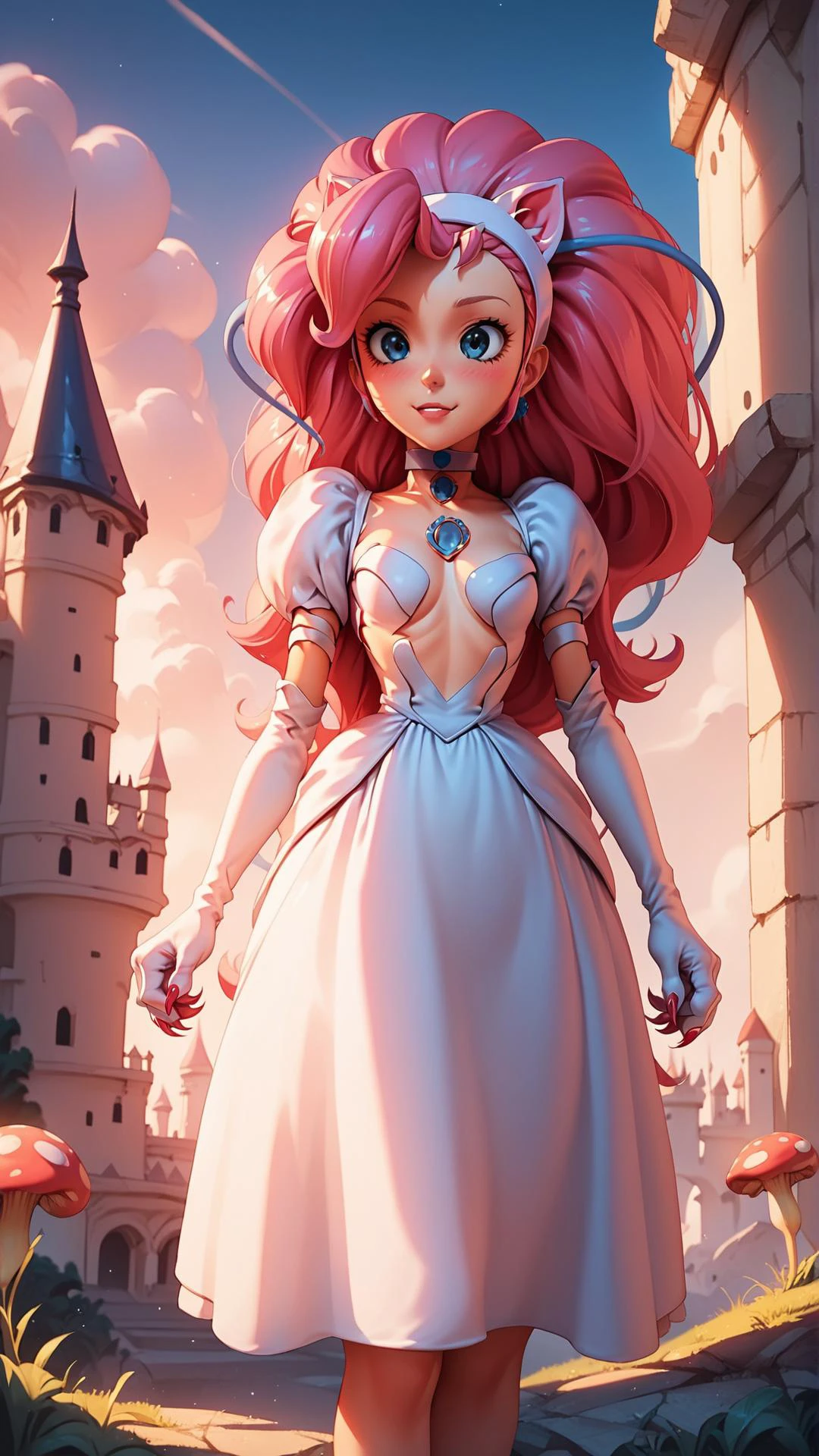 score_9,score_8_up,score_7_up,score_6_up,score_5_up,score_4_up BREAK source_anime,<lora:Princess_Peach_Shiny_Style-000009:1>,1girl,blush,shiny skin,skinny,choker,outdoors,bloom,dress,pose,castle,sunset,felicia \(vampire\),pink hair,