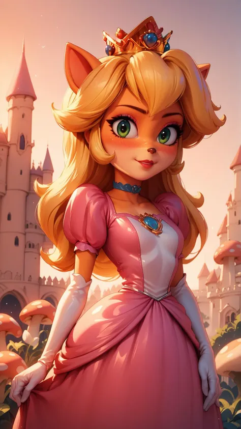 score_9,score_8_up,score_7_up,score_6_up,score_5_up,score_4_up BREAK source_anime,<lora:Princess_Peach_Shiny_Style-000009:1>,1girl,blush,shiny skin,skinny,crown,gloves,choker,outdoors,bloom,dress,pose,castle,sunset,tawna bandicoot,