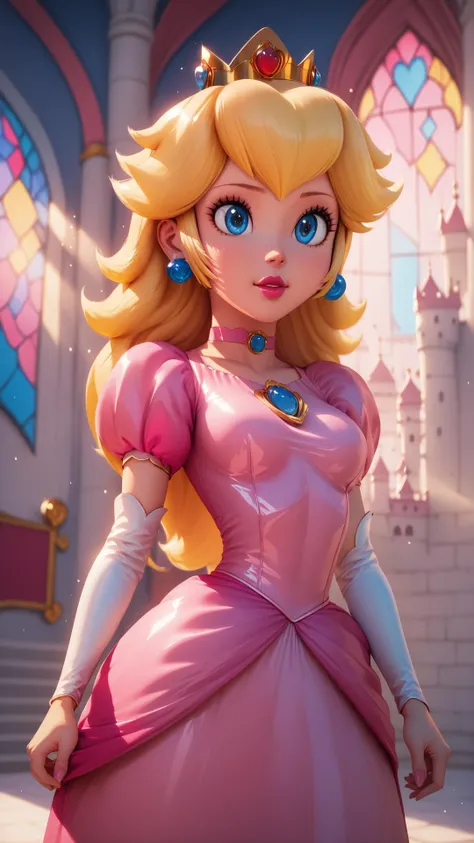 score_9,score_8_up,score_7_up,score_6_up,score_5_up,score_4_up BREAK <lora:Princess_Peach_Shiny_Style_V2:0.9>,skinny,choker,medium breasts,detached sleeves,princess peach,pink dress,castle,indoors,shiny skin,bokeh,bloom,indoors,castle,light particles,