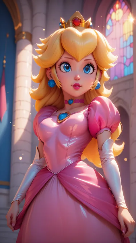score_9,score_8_up,score_7_up,score_6_up,score_5_up,score_4_up BREAK <lora:Princess_Peach_Shiny_Style_V2:0.9>,skinny,choker,medium breasts,detached sleeves,princess peach,pink dress,castle,indoors,shiny skin,bokeh,bloom,indoors,castle,light particles,