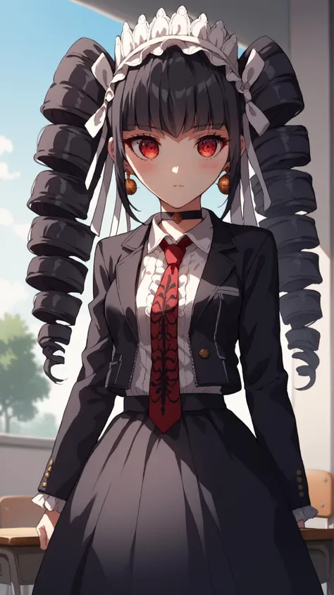 score_9,score_8_up,score_7_up,score_6_up,score_5_up,score_4_up BREAK source_anime,<lora:Princess_Peach_Shiny_Style_V2:0.6>,1girl,blush,(shiny skin:0.7),skinny,choker,outdoors,bloom,pose,medium breasts,<lora:celestia-ludenberg-ponyxl-lora-nochekaiser:0.8>,celestia ludenberg,long hair,bangs,black hair,red eyes,long sleeves,twintails,drill hair,twin drills,skirt,shirt,black hair,long sleeves,jewelry,jacket,earrings,frills,necktie,black skirt,black jacket,red necktie,bonnet,print necktie,indoors,classroom,expressionless,