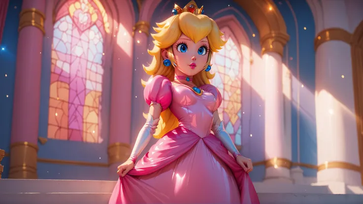 score_9,score_8_up,score_7_up,score_6_up,score_5_up,score_4_up BREAK <lora:Princess_Peach_Shiny_Style_V2:1>,skinny,choker,medium breasts,detached sleeves,princess peach,pink dress,castle,indoors,shiny skin,bokeh,bloom,indoors,castle,light particles,