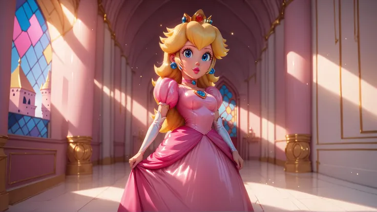 score_9,score_8_up,score_7_up,score_6_up,score_5_up,score_4_up BREAK <lora:Princess_Peach_Shiny_Style_V2:0.9>,skinny,choker,medium breasts,detached sleeves,princess peach,pink dress,castle,indoors,shiny skin,bokeh,bloom,indoors,castle,light particles,