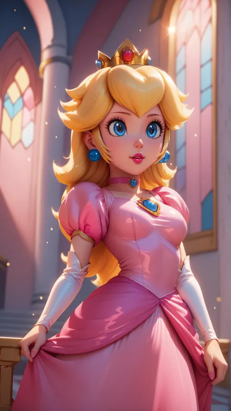 score_9,score_8_up,score_7_up,score_6_up,score_5_up,score_4_up BREAK <lora:Princess_Peach_Shiny_Style_V2:0.9>,skinny,choker,medium breasts,detached sleeves,princess peach,pink dress,castle,indoors,shiny skin,bokeh,bloom,indoors,castle,light particles,