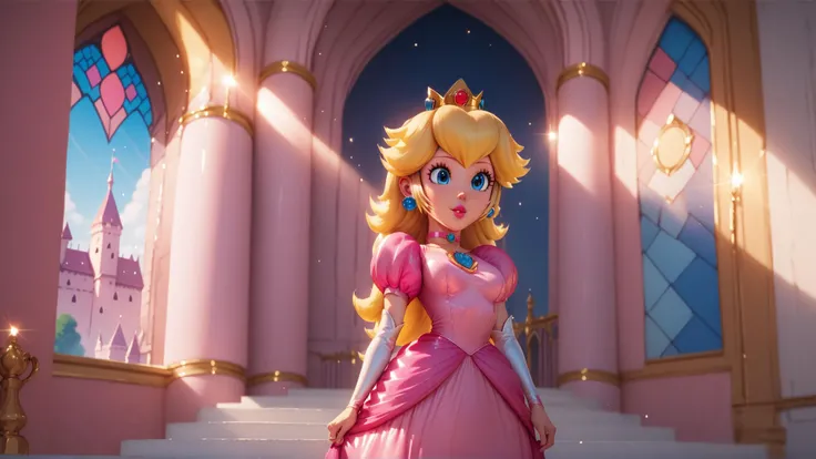 score_9,score_8_up,score_7_up,score_6_up,score_5_up,score_4_up BREAK <lora:Princess_Peach_Shiny_Style_V2:0.9>,skinny,choker,medium breasts,detached sleeves,princess peach,pink dress,castle,indoors,shiny skin,bokeh,bloom,indoors,castle,light particles,