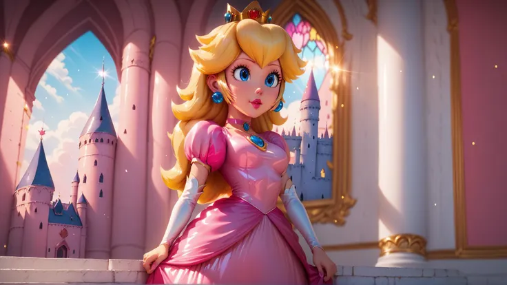 score_9,score_8_up,score_7_up,score_6_up,score_5_up,score_4_up BREAK <lora:Princess_Peach_Shiny_Style_V2:1>,skinny,choker,medium breasts,detached sleeves,princess peach,pink dress,castle,indoors,shiny skin,bokeh,bloom,indoors,castle,light particles,