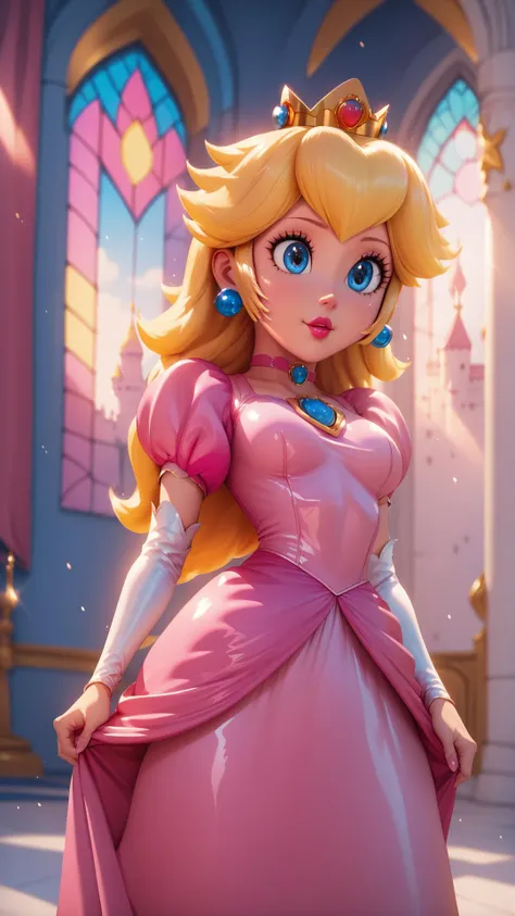score_9,score_8_up,score_7_up,score_6_up,score_5_up,score_4_up BREAK <lora:Princess_Peach_Shiny_Style_V2:0.9>,skinny,choker,medium breasts,detached sleeves,princess peach,pink dress,castle,indoors,shiny skin,bokeh,bloom,indoors,castle,light particles,