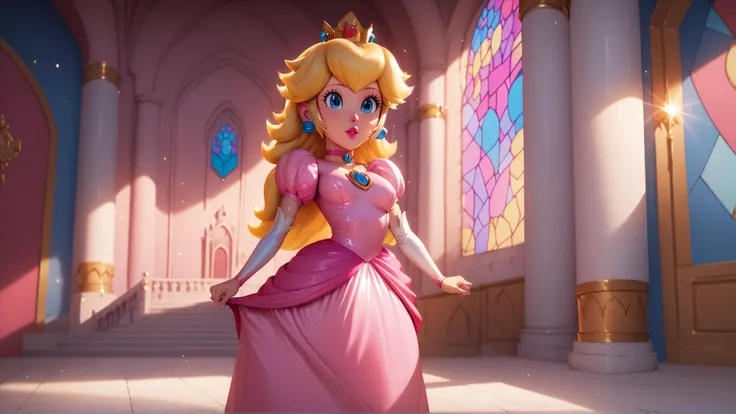 score_9,score_8_up,score_7_up,score_6_up,score_5_up,score_4_up BREAK <lora:Princess_Peach_Shiny_Style_V2:0.9>,skinny,choker,medium breasts,detached sleeves,princess peach,pink dress,castle,indoors,shiny skin,bokeh,bloom,indoors,castle,light particles,