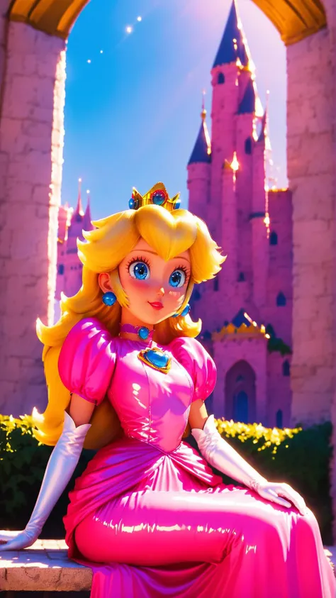 score_9,score_8_up,score_7_up,score_6_up,score_5_up,score_4_up BREAK source_anime,<lora:Princess_Peach_Shiny_Style-000009:1>,1girl,blush,princess peach,shiny skin,blonde hair,skinny,blue eyes,crown,gloves,choker,outdoors,castle,bloom,pink dress,pose,sitting,bench,