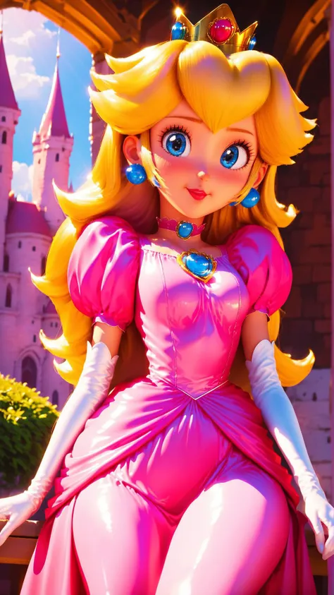 score_9,score_8_up,score_7_up,score_6_up,score_5_up,score_4_up BREAK source_anime,<lora:Princess_Peach_Shiny_Style-000009:1>,1girl,blush,princess peach,shiny skin,blonde hair,skinny,blue eyes,crown,gloves,choker,outdoors,castle,bloom,pink dress,pose,sitting,bench,