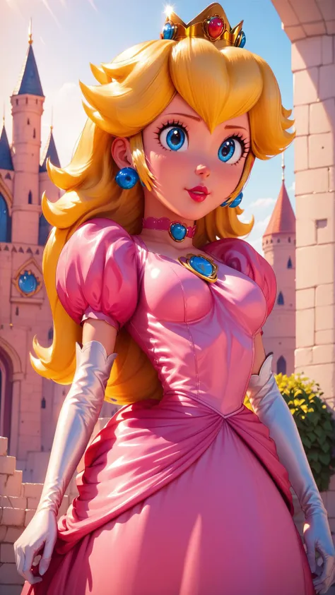 score_9,score_8_up,score_7_up,score_6_up,score_5_up,score_4_up BREAK <lora:Princess_Peach_Shiny_Style-000009:0.9>,skinny,choker,medium breasts,detached sleeves,princess peach,pink dress,castle,outside,
