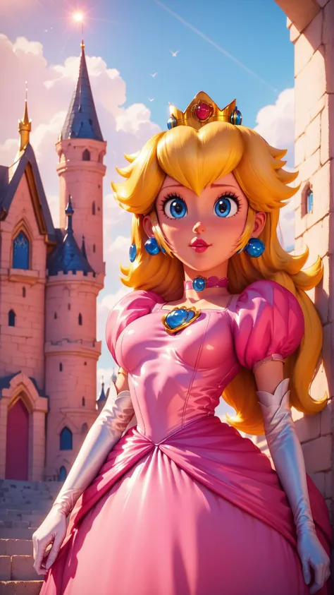 score_9,score_8_up,score_7_up,score_6_up,score_5_up,score_4_up BREAK <lora:Princess_Peach_Shiny_Style-000009:0.9>,skinny,choker,medium breasts,detached sleeves,princess peach,pink dress,castle,outside,