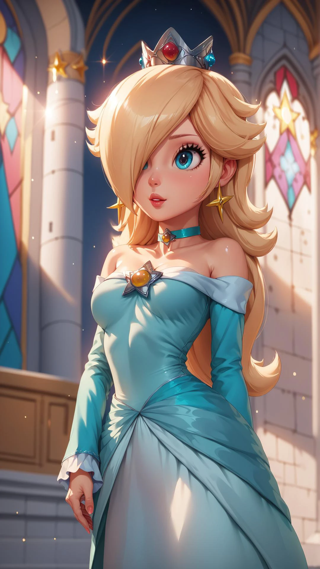 score_9,score_8_up,score_7_up,score_6_up,score_5_up,score_4_up BREAK <lora:Princess_Peach_Shiny_Style_V2:0.9>,skinny,choker,medium breasts,detached sleeves,castle,indoors,shiny skin,bokeh,bloom,indoors,light particles,princess rosalina,castle,space,