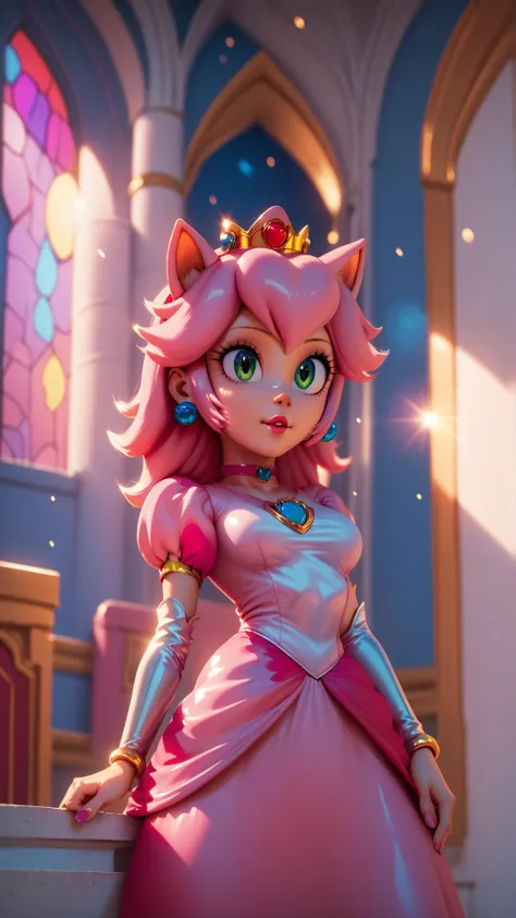 score_9,score_8_up,score_7_up,score_6_up,score_5_up,score_4_up BREAK <lora:Princess_Peach_Shiny_Style_V2:0.9>,skinny,choker,medium breasts,detached sleeves,castle,indoors,shiny skin,bokeh,bloom,indoors,light particles,princess peach,amy rose,