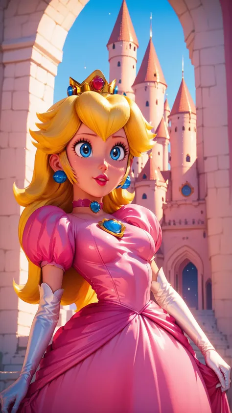 score_9,score_8_up,score_7_up,score_6_up,score_5_up,score_4_up BREAK <lora:Princess_Peach_Shiny_Style-000009:0.9>,skinny,choker,medium breasts,detached sleeves,princess peach,pink dress,castle,outside,