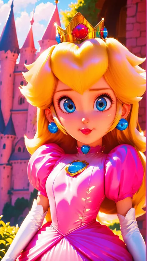 score_9,score_8_up,score_7_up,score_6_up,score_5_up,score_4_up BREAK source_anime,<lora:Princess_Peach_Shiny_Style-000009:1>,1girl,princess peach,shiny skin,blonde hair,skinny,blue eyes,crown,gloves,choker,outdoors,castle,(bloom:0.7),pink dress,pose,