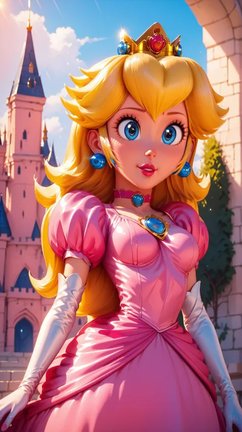 score_9,score_8_up,score_7_up,score_6_up,score_5_up,score_4_up BREAK <lora:Princess_Peach_Shiny_Style-000009:0.9>,skinny,choker,medium breasts,detached sleeves,princess peach,pink dress,castle,outside,